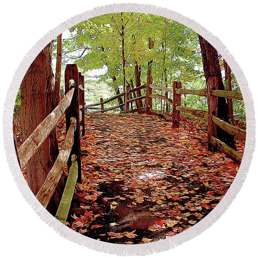 Nature Round Beach Towel featuring the photograph Fall Pathway by Linda Carruth
