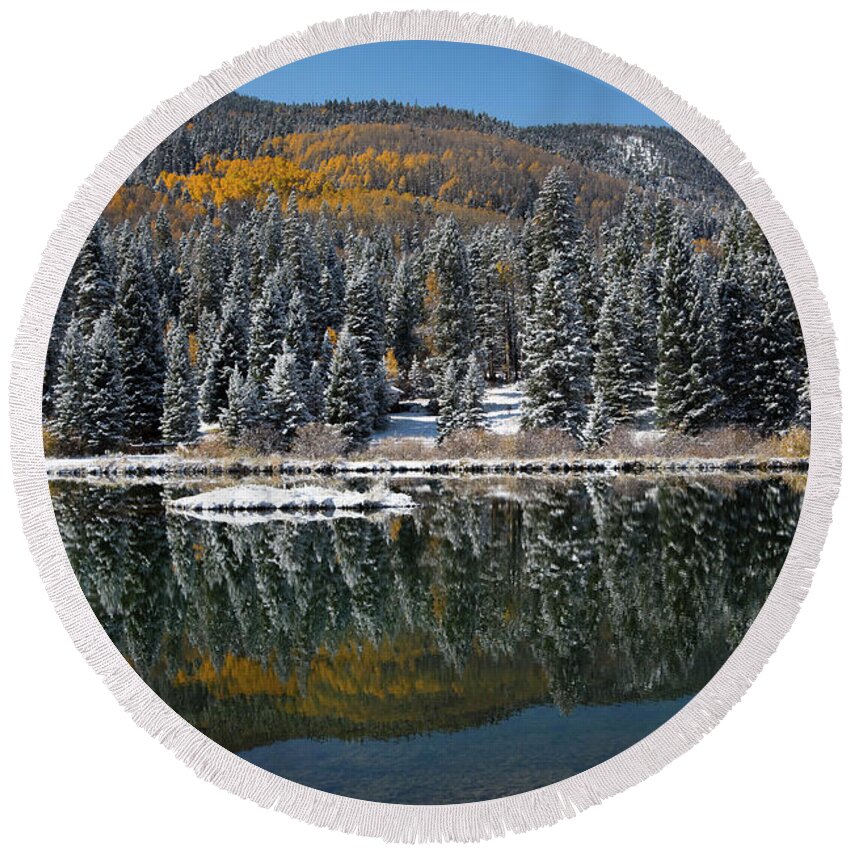 Mountains Round Beach Towel featuring the photograph Fall Reflections by Ron Weathers