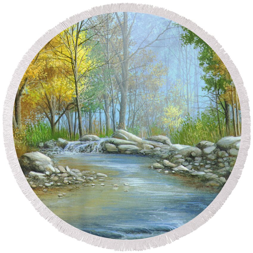 Georgia Mountain Stream Round Beach Towel featuring the painting Fall Solitude by Mike Brown