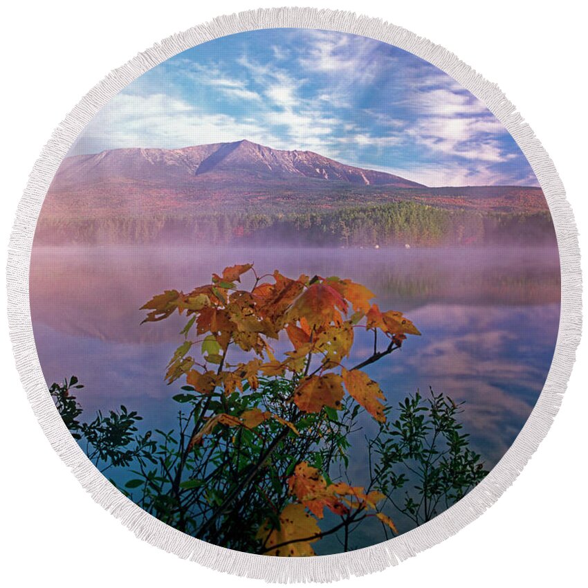 Mt. Katahdin Round Beach Towel featuring the photograph Fall view of Mt Katahdin, Baxter State Park, Maine by Kevin Shields