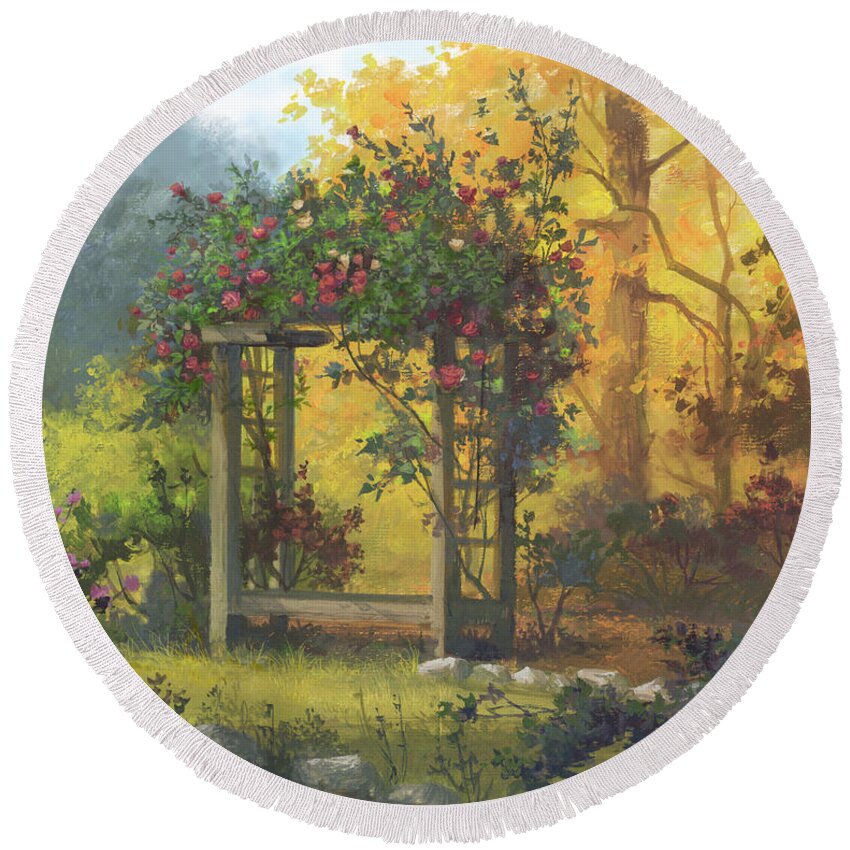 Michael Humphries Round Beach Towel featuring the painting Fall Yellow by Michael Humphries