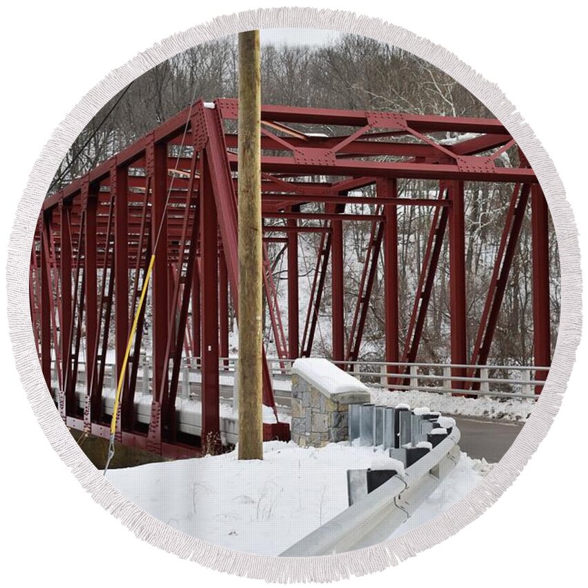 Winter Round Beach Towel featuring the photograph Falls Village Bridge 1 by Nina Kindred