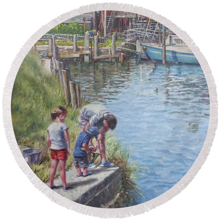 Family Round Beach Towel featuring the painting Family Fishing at Eling Tide Mill Hampshire by Martin Davey