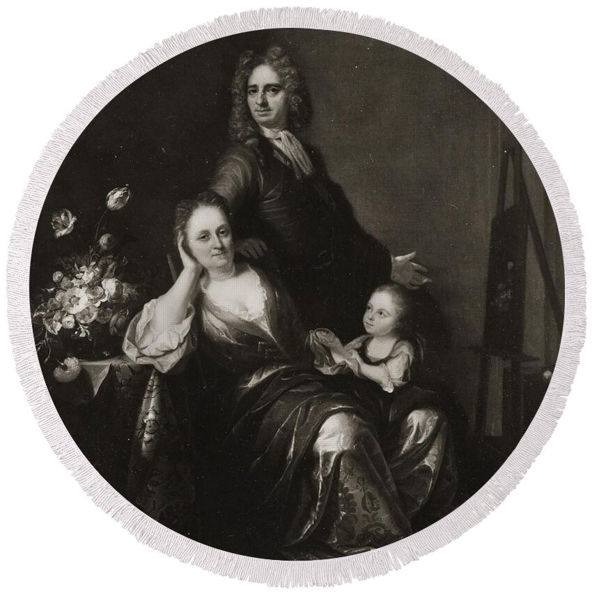 Juriaen Pool And Rachel Pool-ruysch - Family Portrait With Flower Still-life Round Beach Towel featuring the painting Family by Juriaen Pool