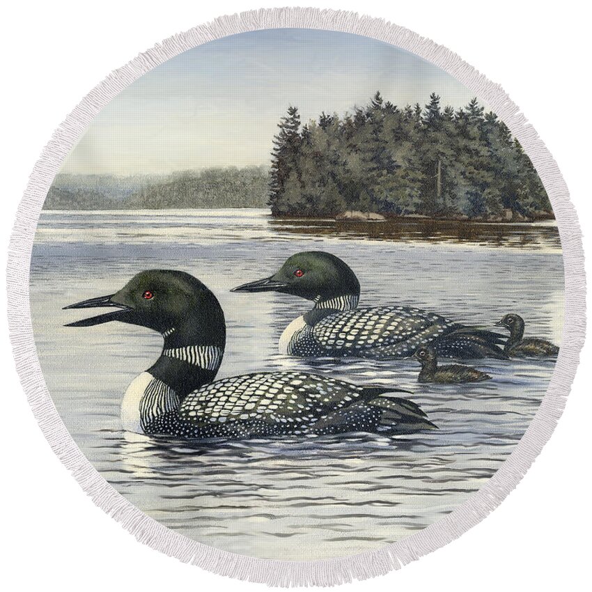 Common Loon Round Beach Towel featuring the painting Family Outing by Richard De Wolfe