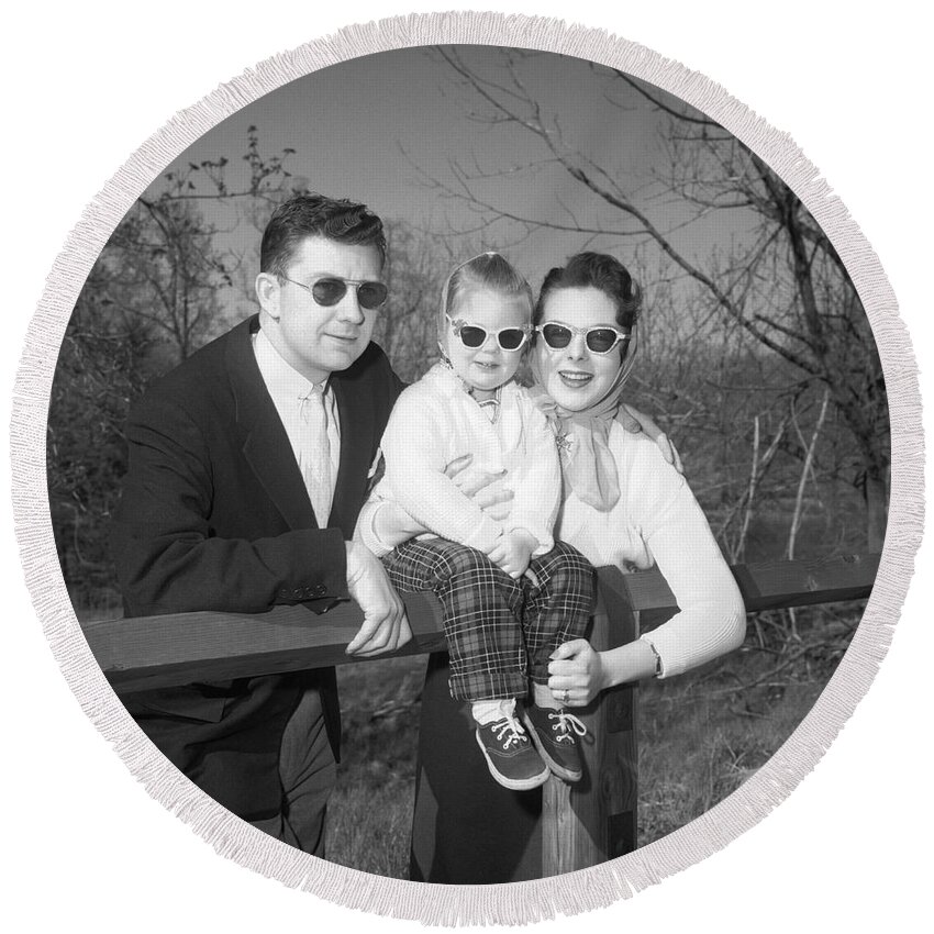 1950s Round Beach Towel featuring the photograph Family Portrait With Sunglasses, C.1950s by J. Rogers/ClassicStock