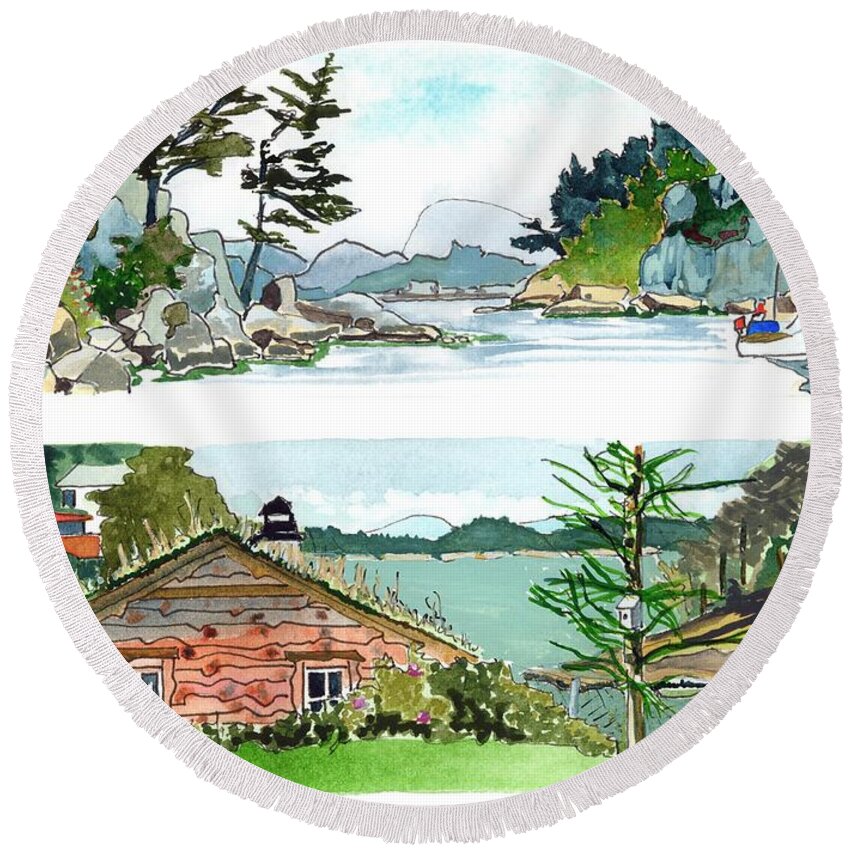 Seaside  Sailing  Fjords Norway Grassed Roofs  Round Beach Towel featuring the painting Fanafjord, Norway by Joan Cordell