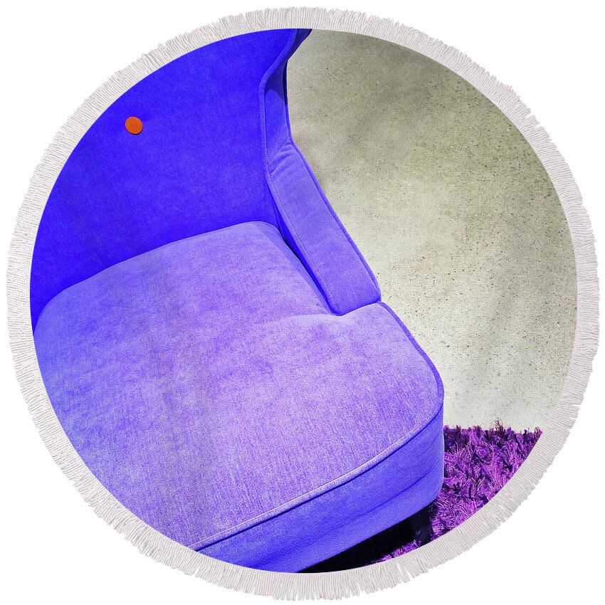 Armchair Round Beach Towel featuring the photograph Fancy blue armchair on purple carpet by GoodMood Art