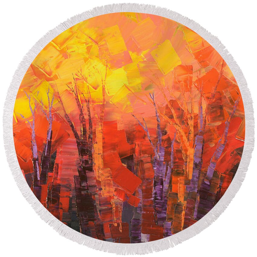 Abstract Round Beach Towel featuring the painting Fantastic Fire by Tatiana Iliina