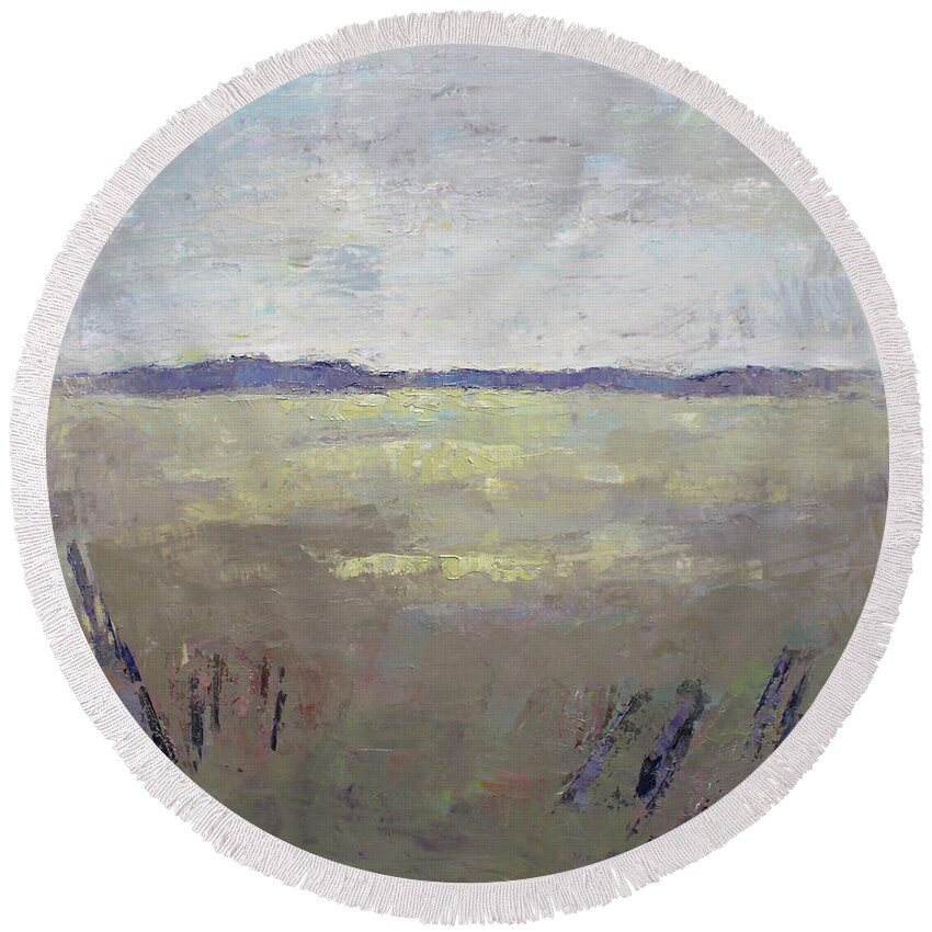 Landscape Round Beach Towel featuring the painting Faraway by Becky Kim