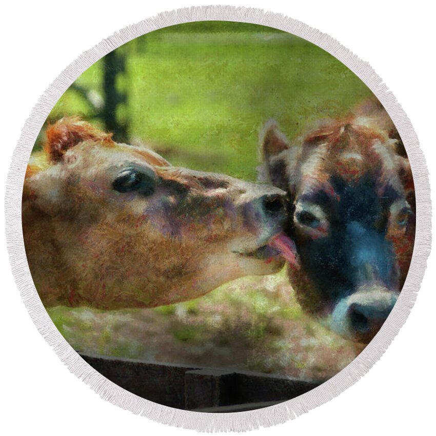 Hdr Round Beach Towel featuring the photograph Farm - Cow - Let mommy clean that by Mike Savad