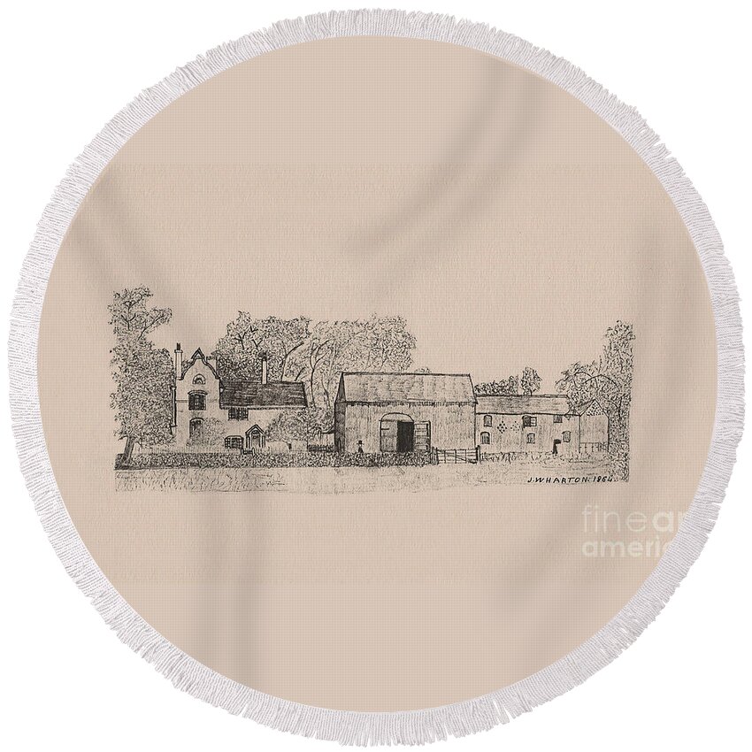 Farmhouse Round Beach Towel featuring the drawing Farm Dwellings by Donna L Munro