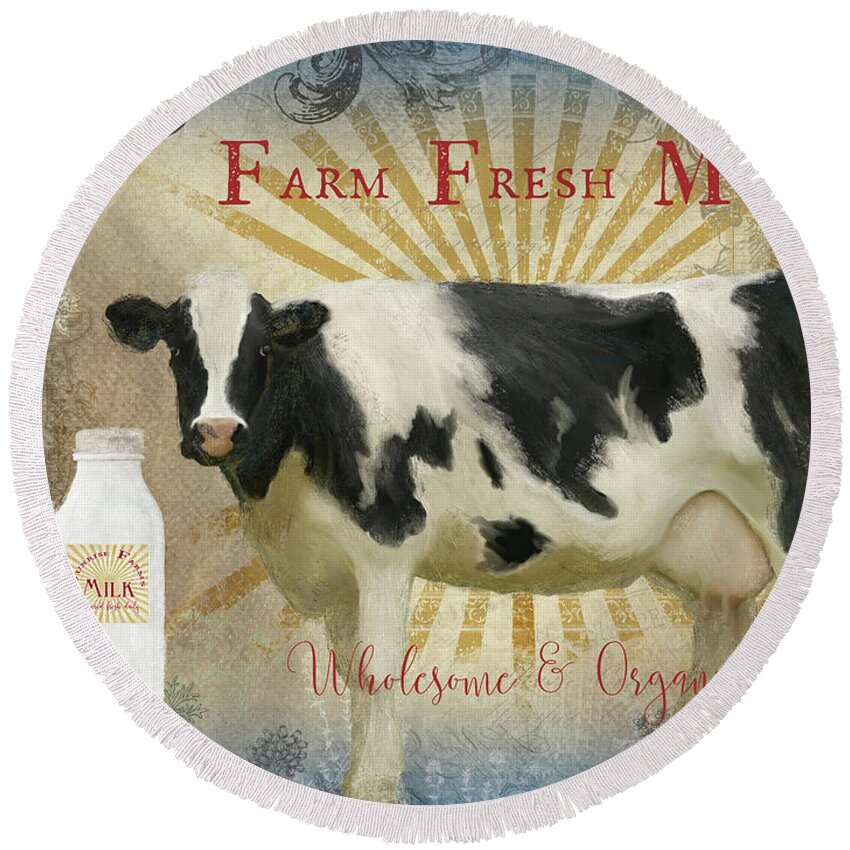 Farm Fresh Round Beach Towel featuring the painting Farm Fresh Milk Vintage Style Typography Country Chic by Audrey Jeanne Roberts