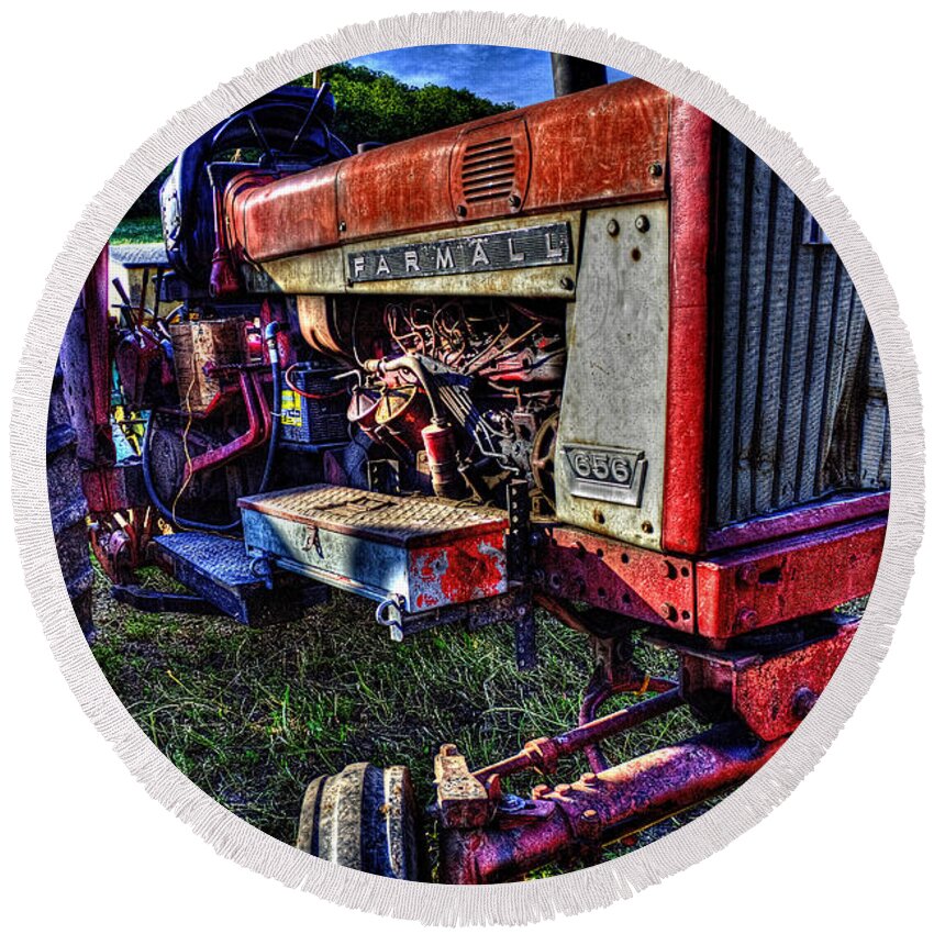 Pictorial Round Beach Towel featuring the photograph Farmall Tractor by Roger Passman