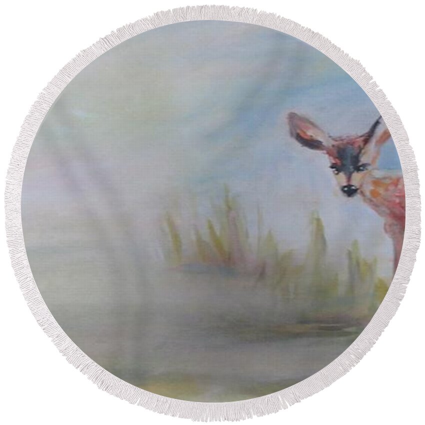 Fawn Round Beach Towel featuring the painting Fawn Day by Denice Palanuk Wilson