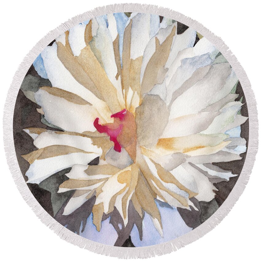 Watercolor Round Beach Towel featuring the painting Feathery Flower by Ken Powers