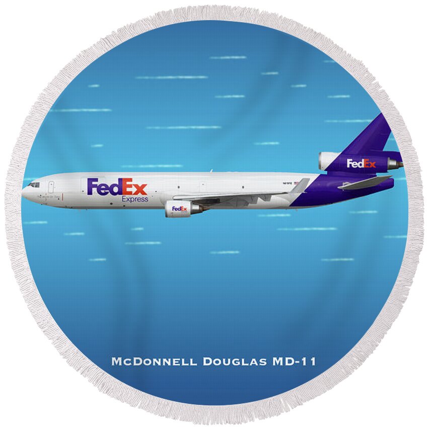 Fedex Round Beach Towel featuring the digital art FedEx McDonnell Douglas MD-11 by Airpower Art