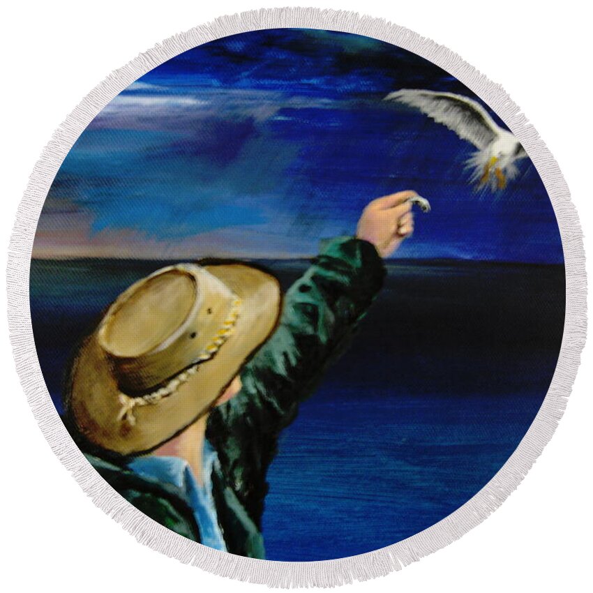 Seagull Round Beach Towel featuring the painting Feeding My Gull Friend by Larry Whitler