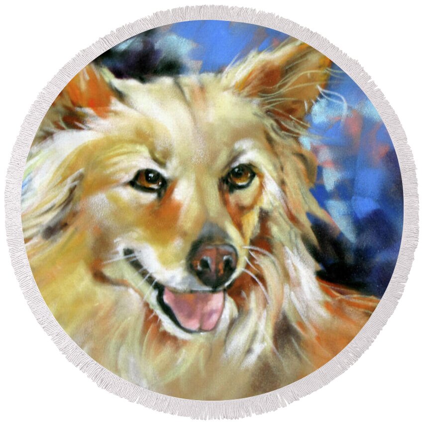 Dog Round Beach Towel featuring the painting 'Fella' by Rae Andrews