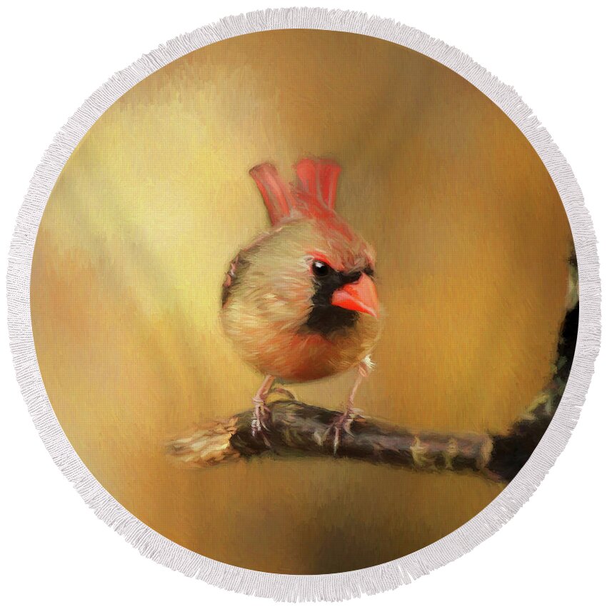 Spring Song Bird Round Beach Towel featuring the photograph Female Cardinal Excited for Spring by Darren Fisher
