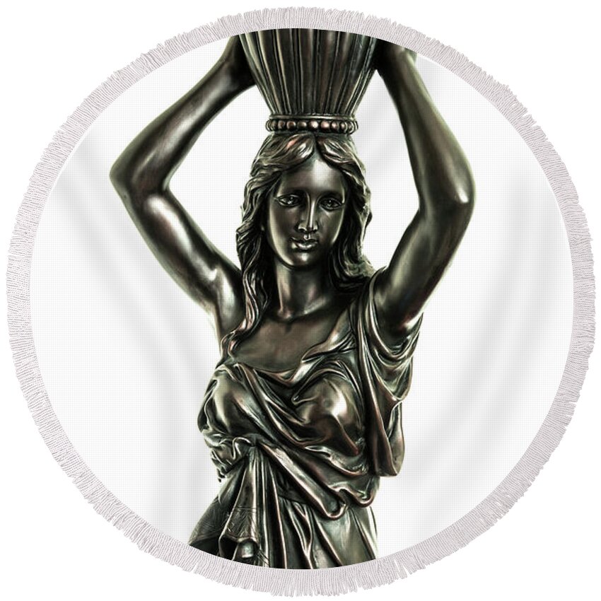 Female Round Beach Towel featuring the photograph Female Water Goddess Bronze Statue 3288R by Ricardos Creations