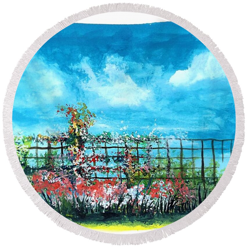 Flowers Round Beach Towel featuring the painting Fenceline Floral by David Neace CPX