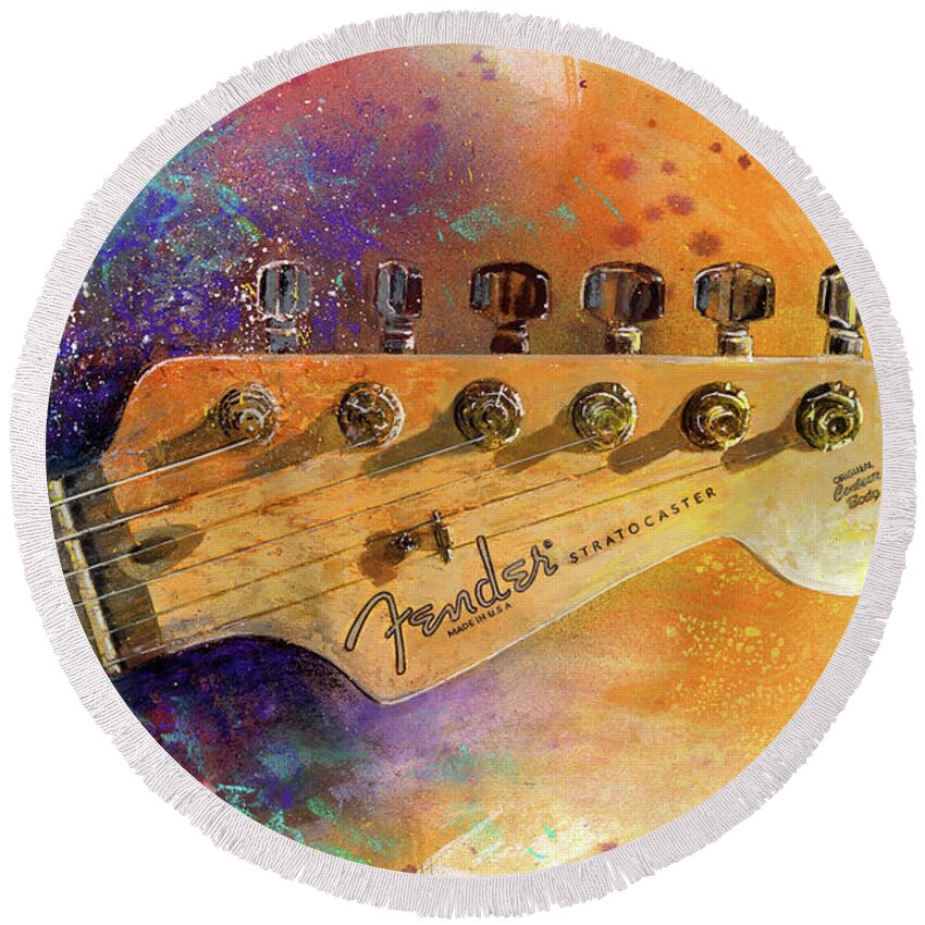 Fender Stratocaster Round Beach Towel featuring the painting Fender Head by Andrew King