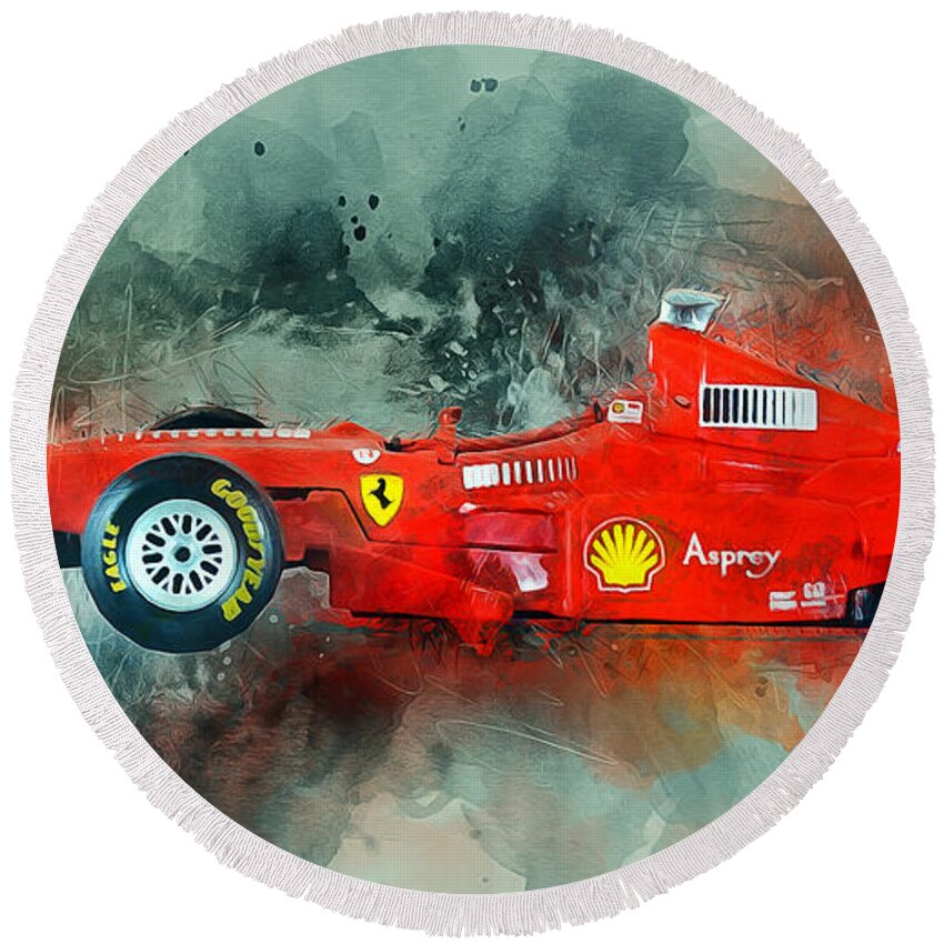F1 Round Beach Towel featuring the mixed media Ferrari F1 by Ian Mitchell