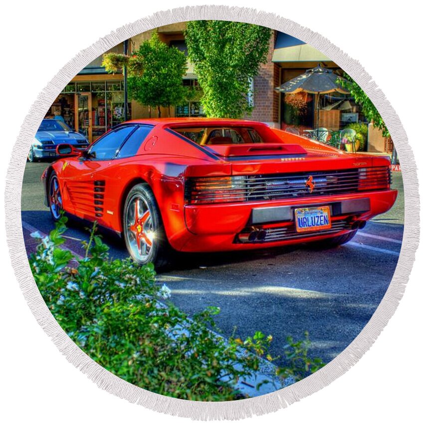 Hdr Round Beach Towel featuring the photograph Ferrari from afar by Randy Wehner