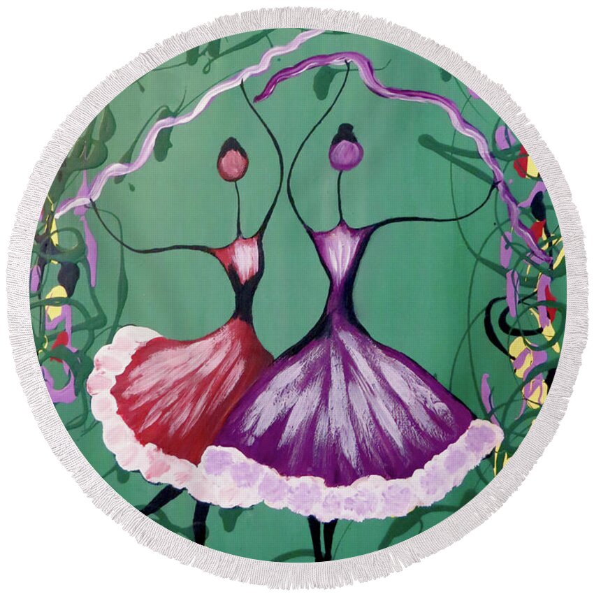 Abstract Round Beach Towel featuring the painting Festive Dancers by Teresa Wing