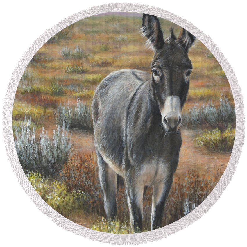 Donkey Round Beach Towel featuring the painting Festus by Kim Lockman