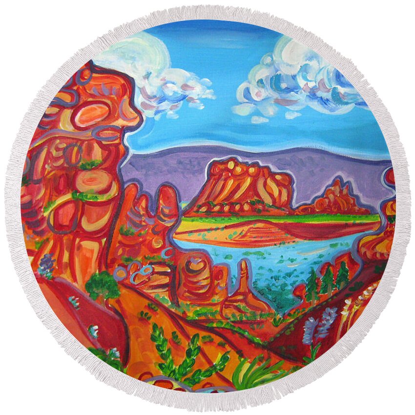 Colorful Art Round Beach Towel featuring the painting Fey Canyon Viewpoint by Rachel Houseman