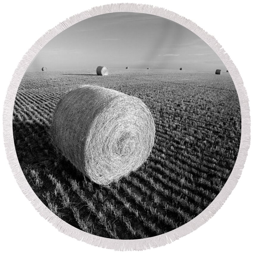 Montana Round Beach Towel featuring the photograph Field Full of Bales in Black and White by Todd Klassy