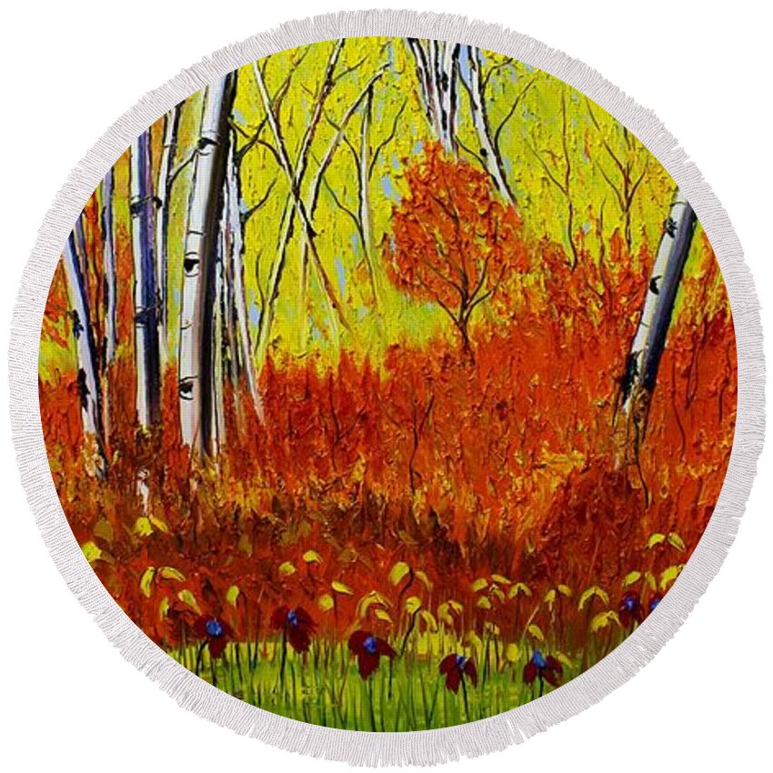  Round Beach Towel featuring the painting Field Of Birch Trees During Autumn by James Dunbar