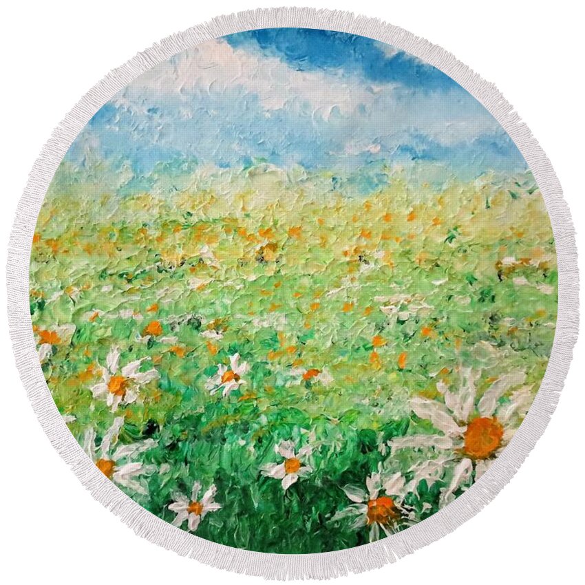 Nature Round Beach Towel featuring the painting Field of Daisies by C E Dill