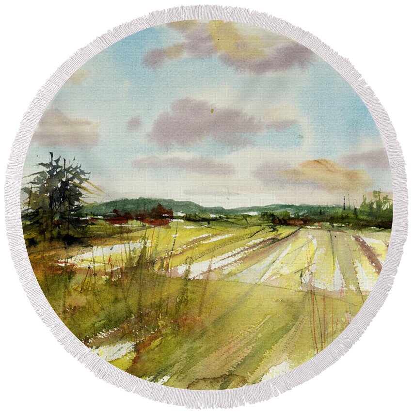 Landscape Round Beach Towel featuring the painting Field on the Lane by Judith Levins