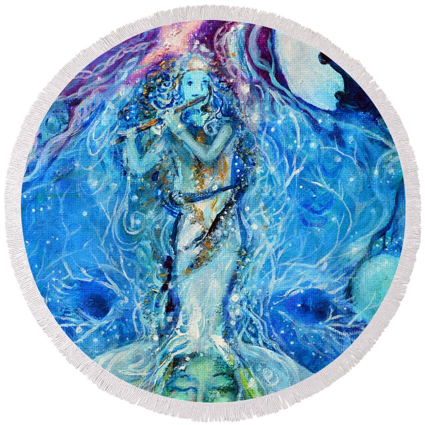  Round Beach Towel featuring the painting Fifth Chakra Angel Krishna in Blue by Ashleigh Dyan Bayer