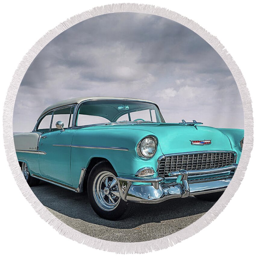Vintage Round Beach Towel featuring the digital art Fifty-Five Chevy by Douglas Pittman