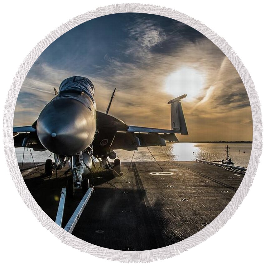 Navy Round Beach Towel featuring the photograph Fighter Jet Sunrise by Larkin's Balcony Photography