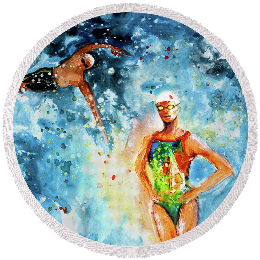 Sports Round Beach Towel featuring the painting Fighting Back by Miki De Goodaboom