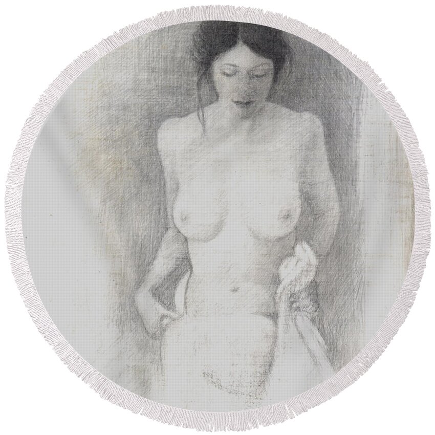 Breasts Round Beach Towel featuring the drawing Figure Study 6 by David Ladmore