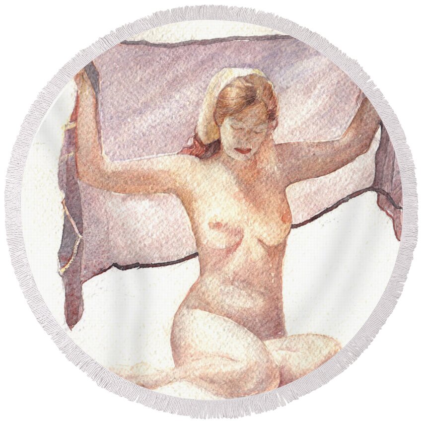 Erotic Round Beach Towel featuring the painting Figure with Veil by David Ladmore