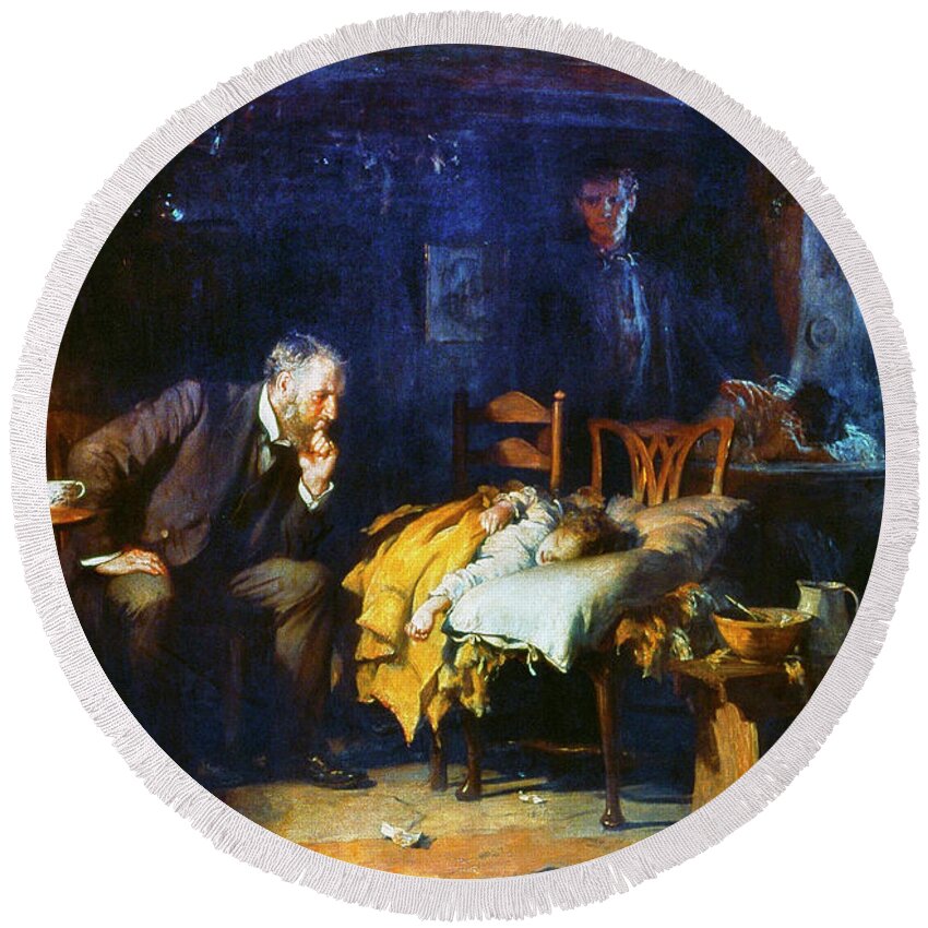 1891 Round Beach Towel featuring the painting The Doctor, 1891 by Sir Luke Fildes