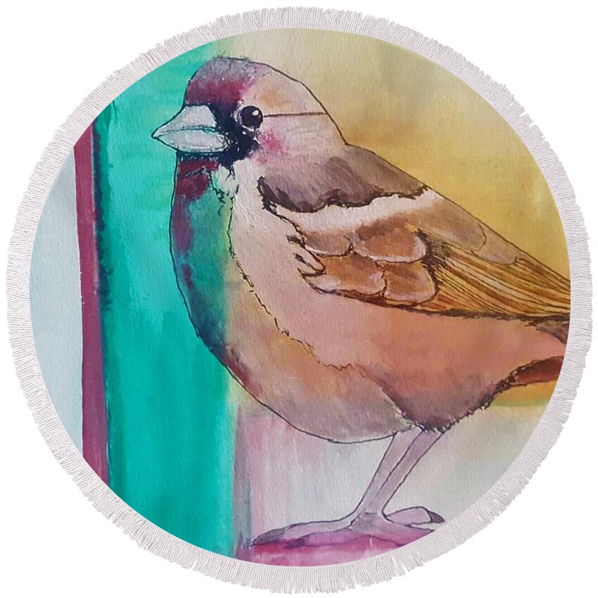 Watercolor Round Beach Towel featuring the painting Finch Fun by Tracey Lee Cassin