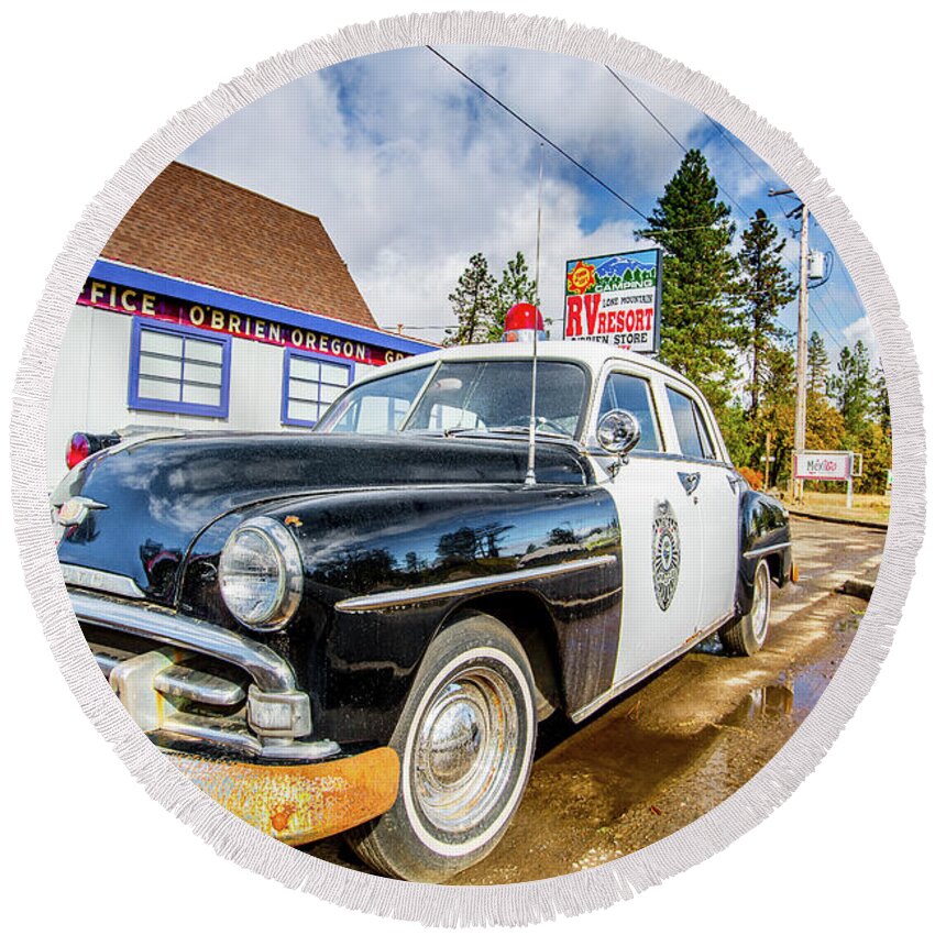 Police Car Round Beach Towel featuring the photograph Finding Car 54 by Walt Baker