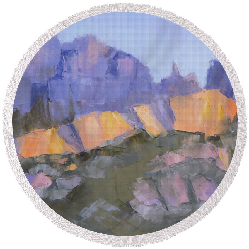 Landscape Round Beach Towel featuring the painting Finger Rock by Susan Woodward