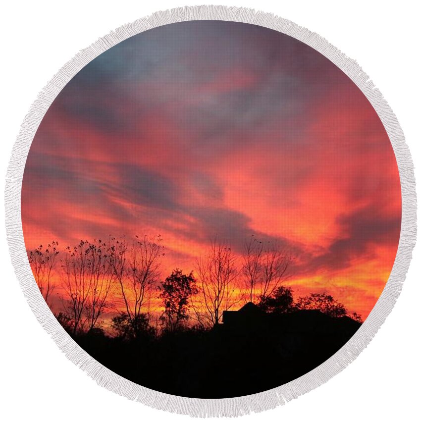 Sunset Round Beach Towel featuring the photograph Fire in sky by Yumi Johnson