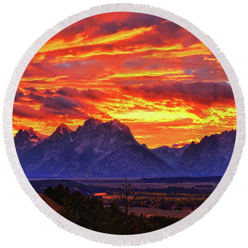 Tetons Round Beach Towel featuring the photograph Fire In The Teton Sky by Greg Norrell