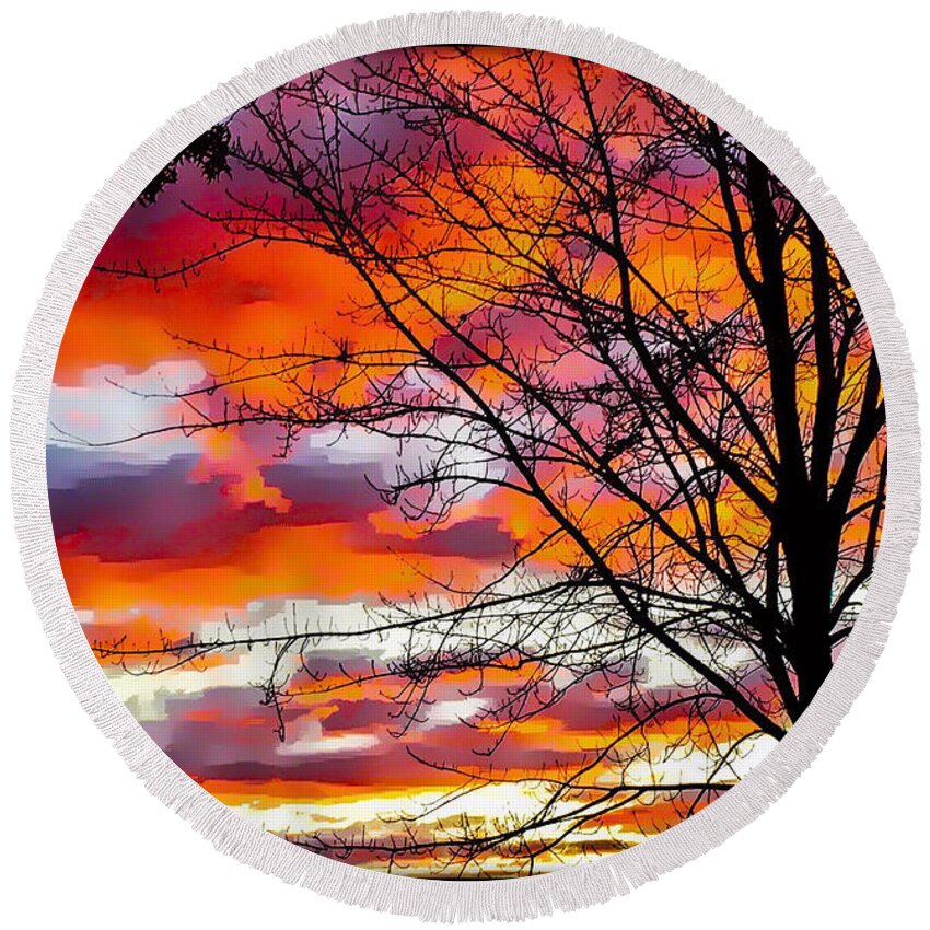 Copyright Mary Lee Parker 16 Round Beach Towel featuring the mixed media Fire InThe Sky by MaryLee Parker