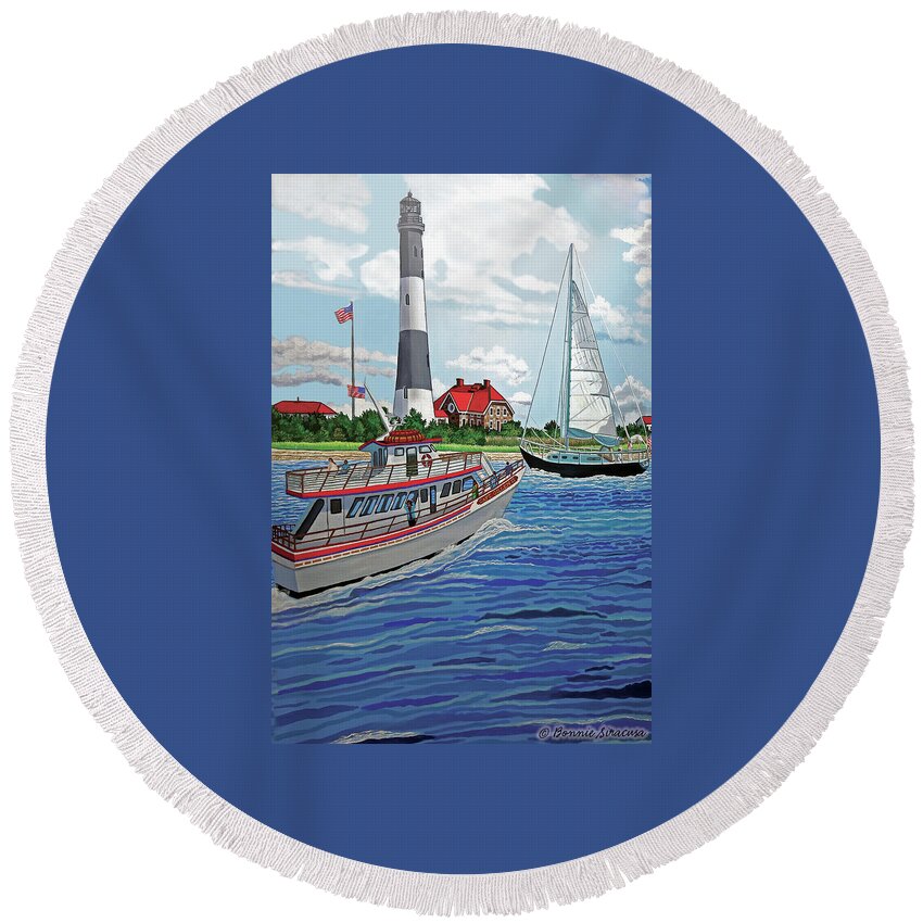 Lighthouse Round Beach Towel featuring the painting Fire Island Lighthouse by Bonnie Siracusa